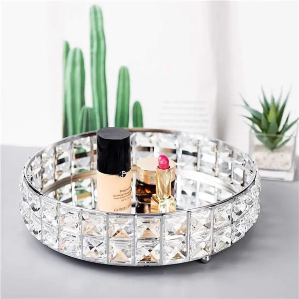 Anti-Scratch Glass Mirror Surface Crystal Vanity Makeup Tray Ornate Jewelry Tray